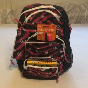 Back-to-school 10 item Backpack NEW PinkBlack Hearts-peace markers scissors more